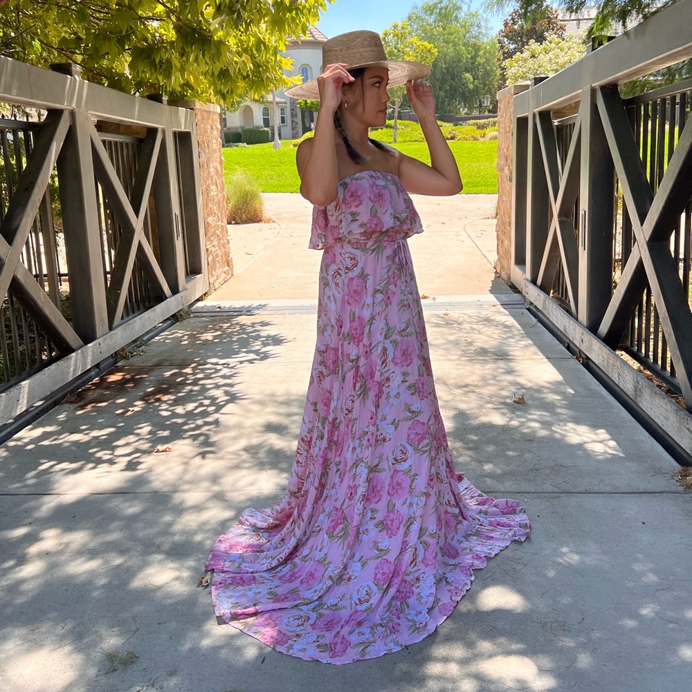Polyester and nylon | Pink Floral Strapless Ruffle Front Maxi Dress